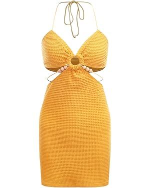 Verdusa Women's Casual Sleeveless Tie Backless Cut Out V Neck Bodycon Halter Mini Beach Boho Dres... | Amazon (US)