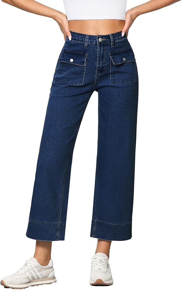 GRAPENT Wide Leg Jeans for Women Trendy High Waisted Straight Leg Cropped Stretchy Denim Pants wi... | Amazon (US)