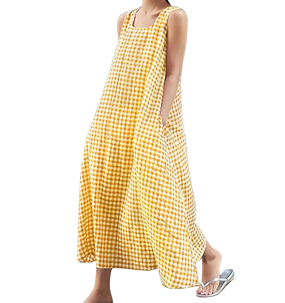 chouyatou Women's Summer Casual Loose-Fit Cotton Plaid Tank Maxi Dress with Pockets Boho Beach Su... | Amazon (US)