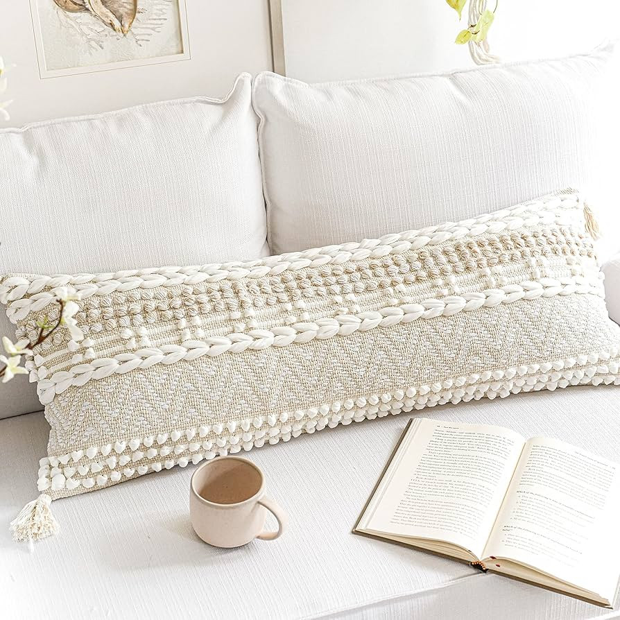 BlissBlush Cream Decorative Lumbar Throw Pillow Cover 14x36 Boho Long Cushion for Bed Neutral Bei... | Amazon (US)