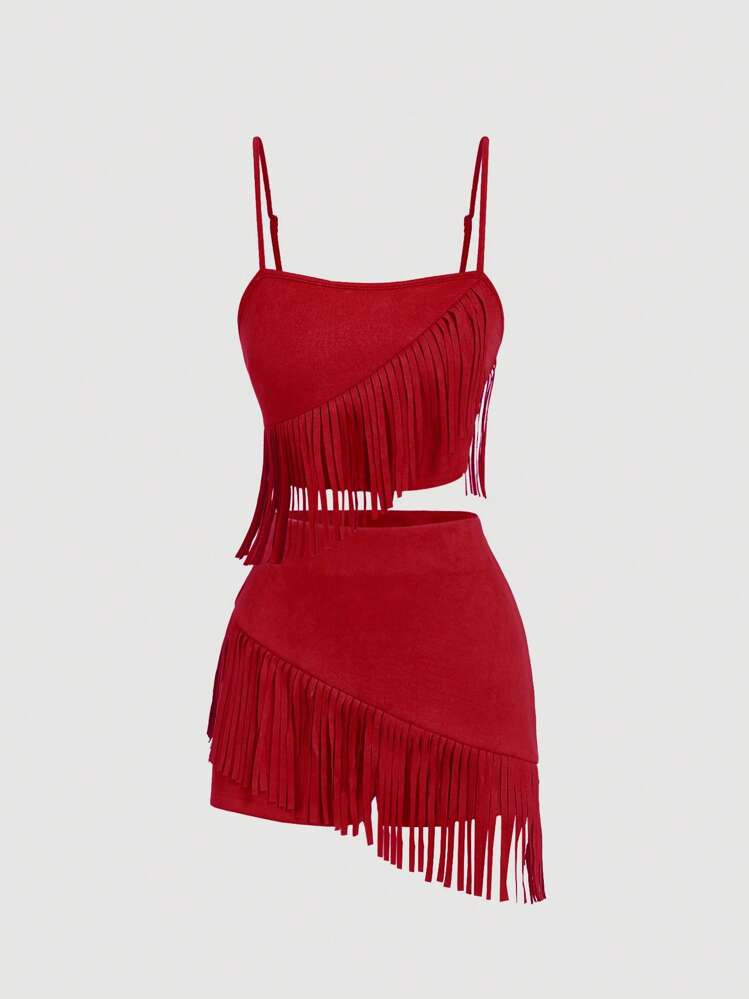 SHEIN MOD Woman's Red Suede Fringe 2pcs Set, Music Festival Outfit, Western Ensemble | SHEIN