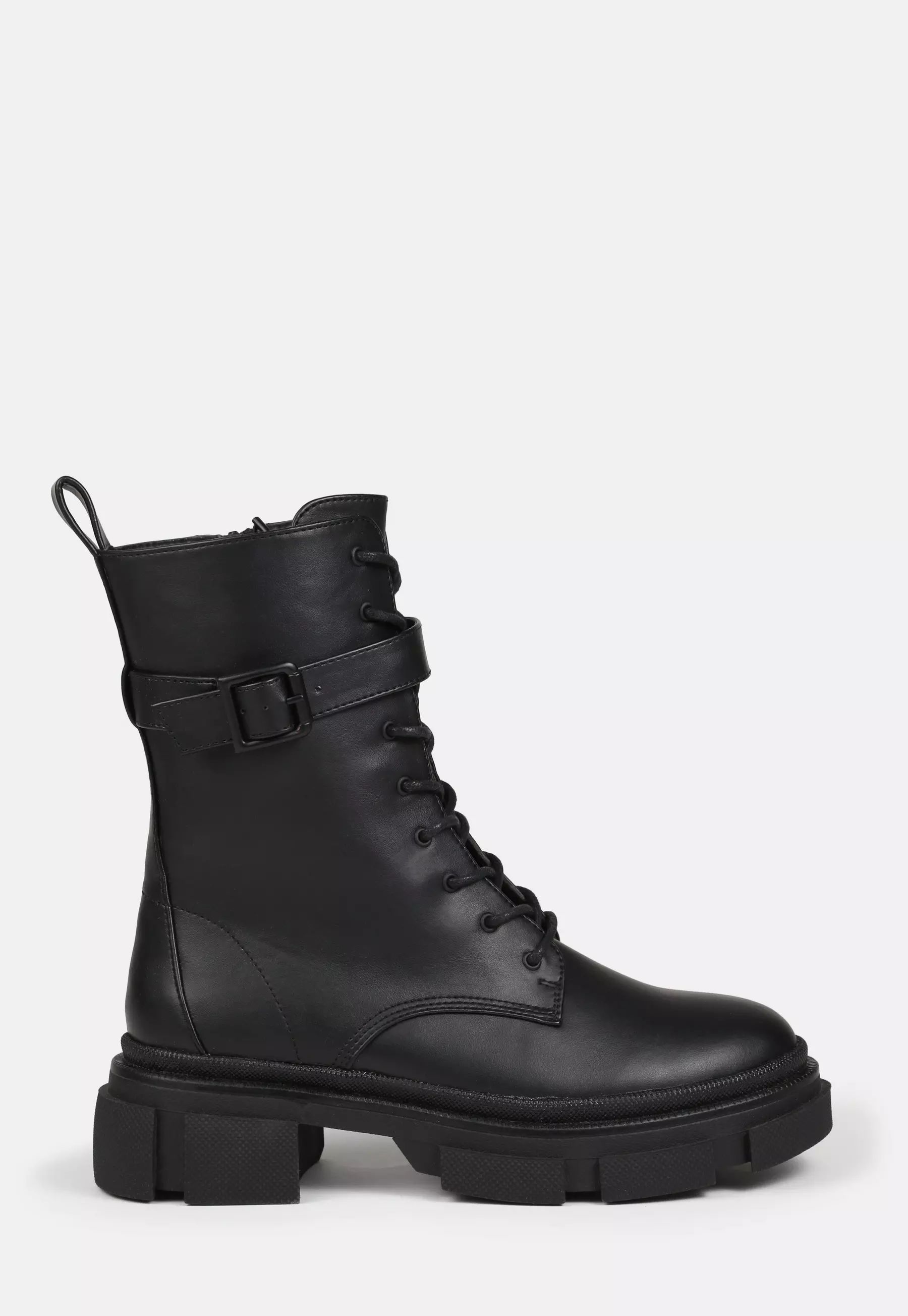 Black Buckle Strap Lace Up Chunky Sole Ankle Boots | Missguided (UK & IE)