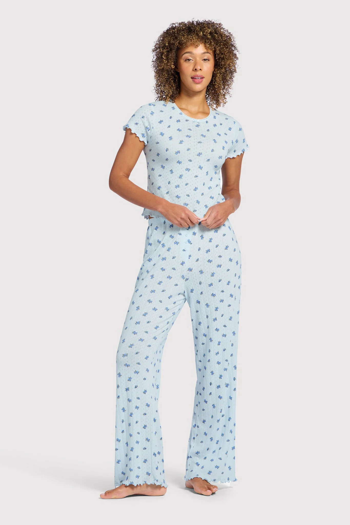 Pointelle Pajama Pant Set | Ditsy Blue | nuuds