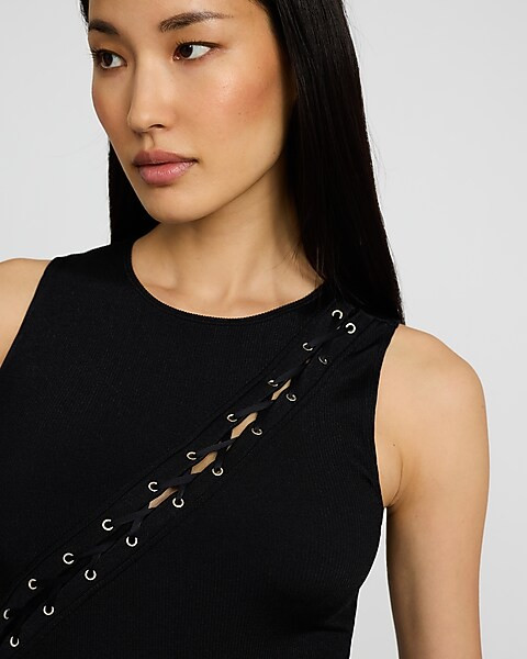 Body Contour Seamless Ribbed Sleeveless Lace-up Bodysuit | Express