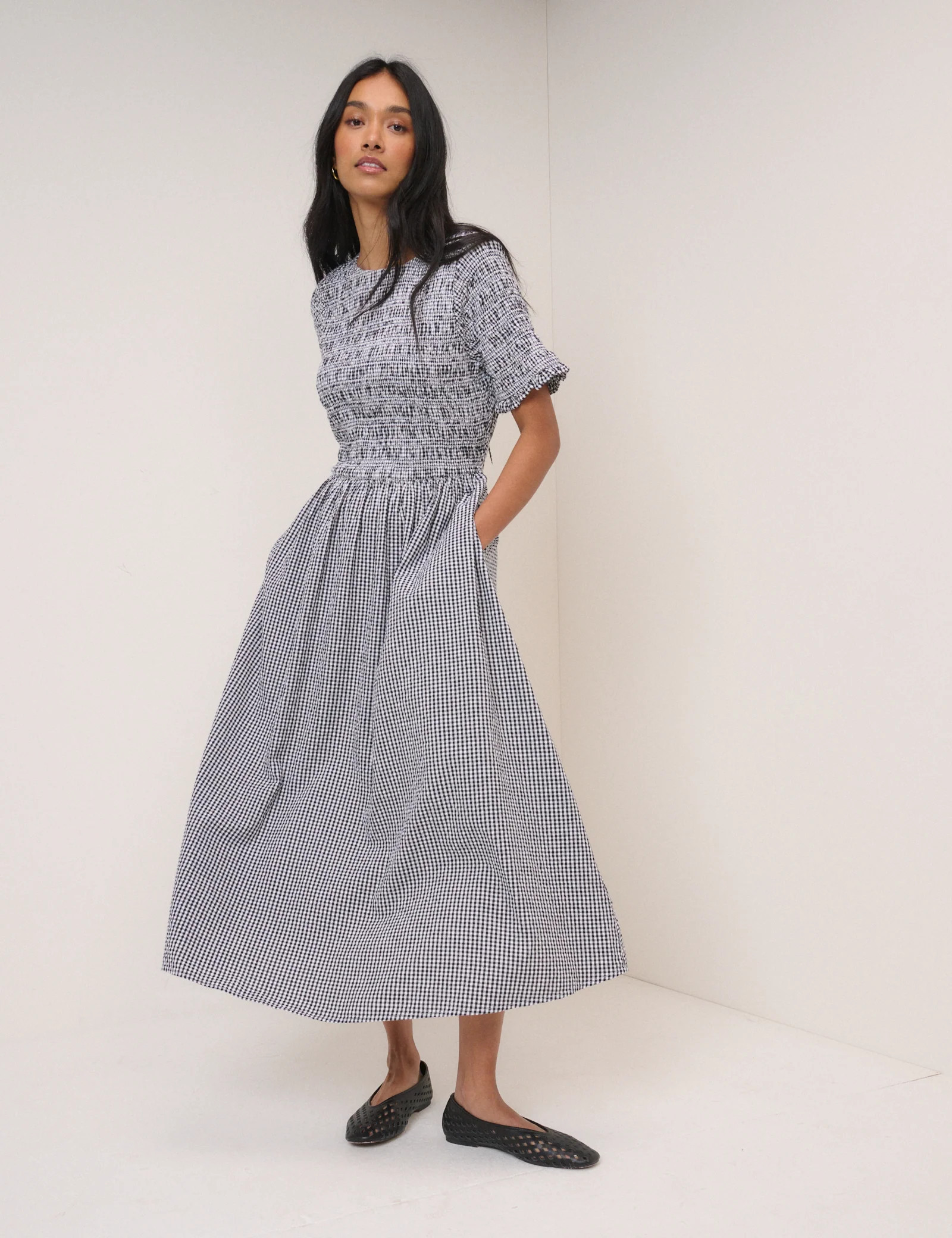 Black Gingham Shirred Leah Midi Dress | Nobody's Child