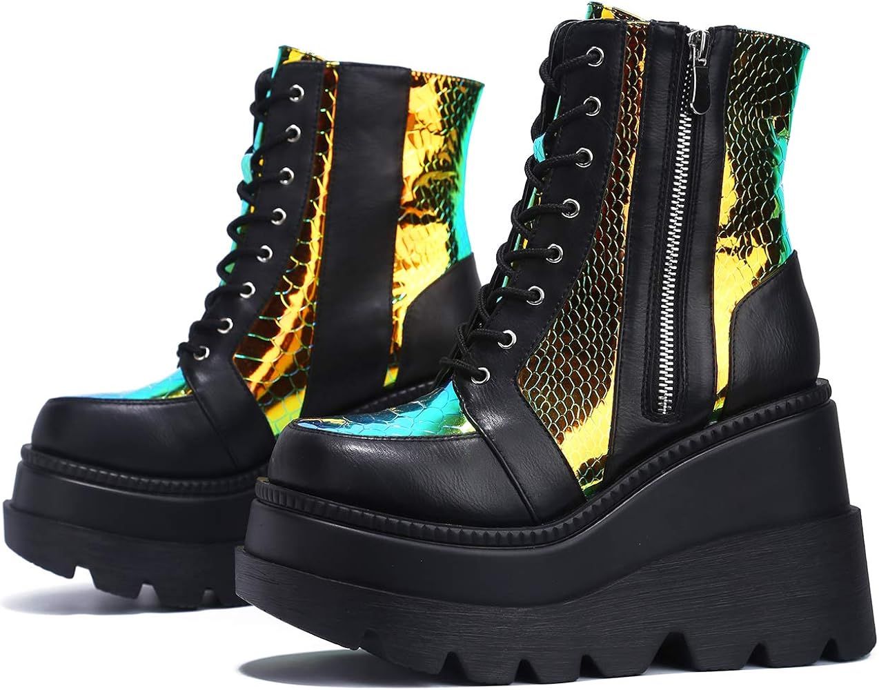 Cape Robbin Radio Holographic Platform Ankle Boots with Chunky Block Heels for Women | Amazon (US)