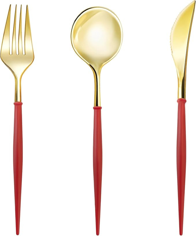 90pcs Gold Plastic Silverware - Gold Disposable Cutlery with Burgundy Handle Include 30 Forks, 30... | Amazon (US)