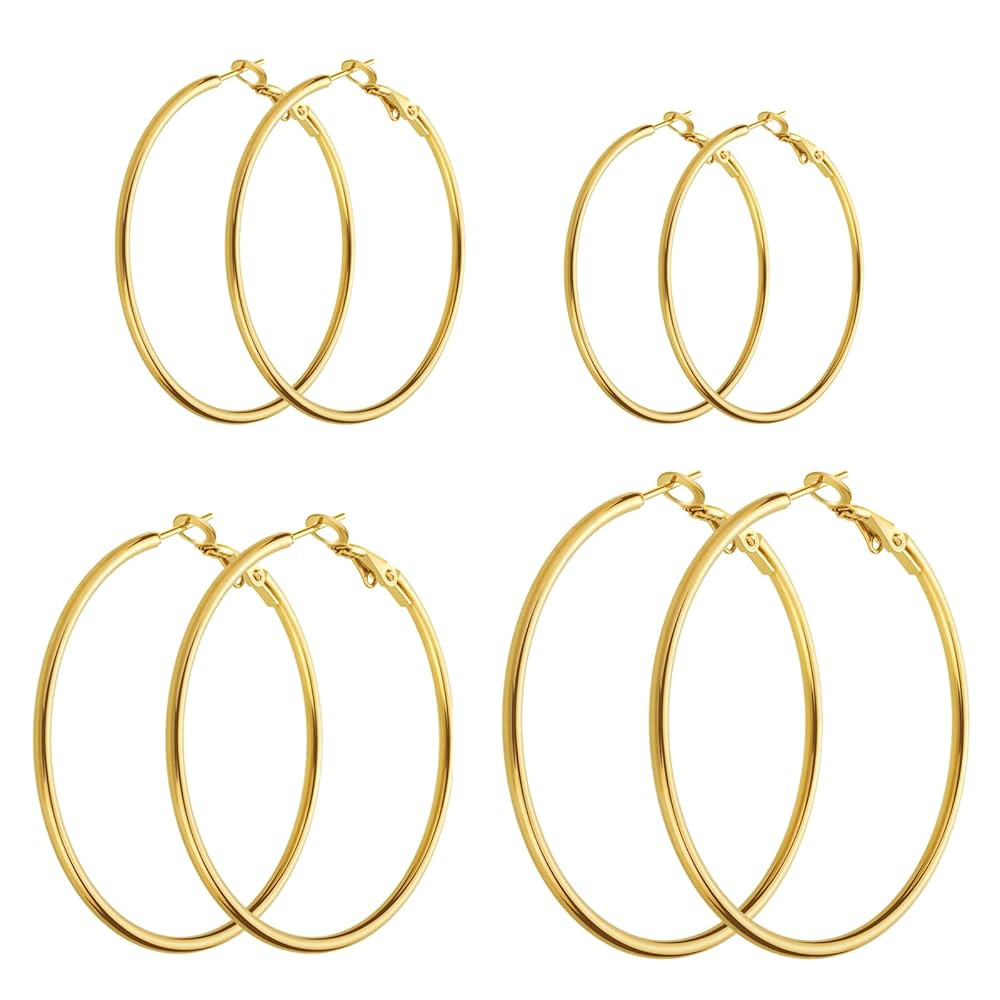 14K Gold Plated Stainless Steel Hoop Earrings - Hypoallergenic, Lightweight, 4 Pairs | Amazon (US)