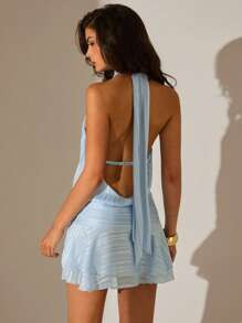 Glamine Women's Solid Color Open Back Halter Summer Vacation Mint Blue Dress Women Short Dresses ... | SHEIN