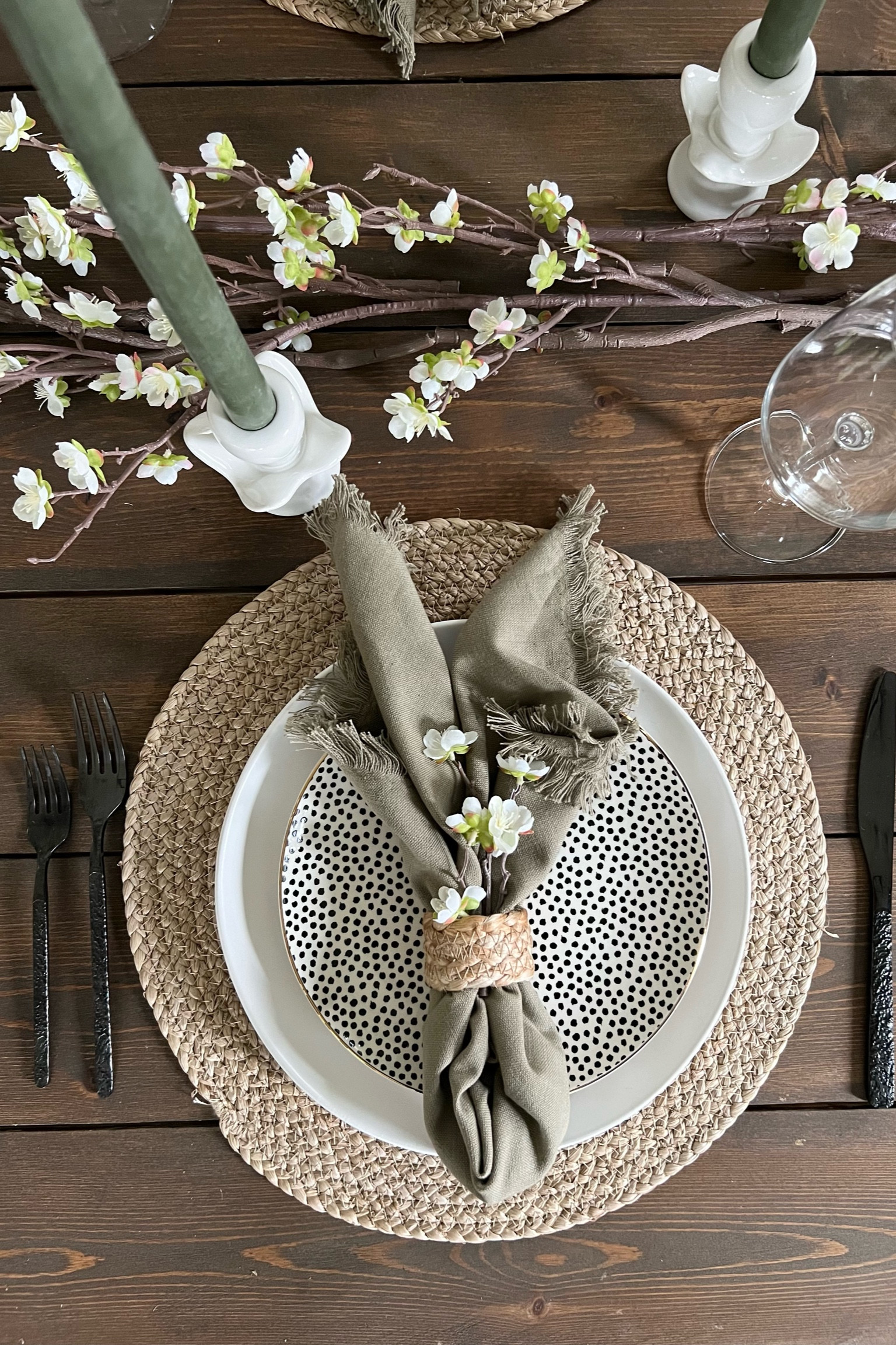 Spring table setting: simple and pretty! I love the organic look of the woven placemat and napkin ring. 
Easter tablescape, Mother’s Day brunch, Spring dining table 

#LTKhome