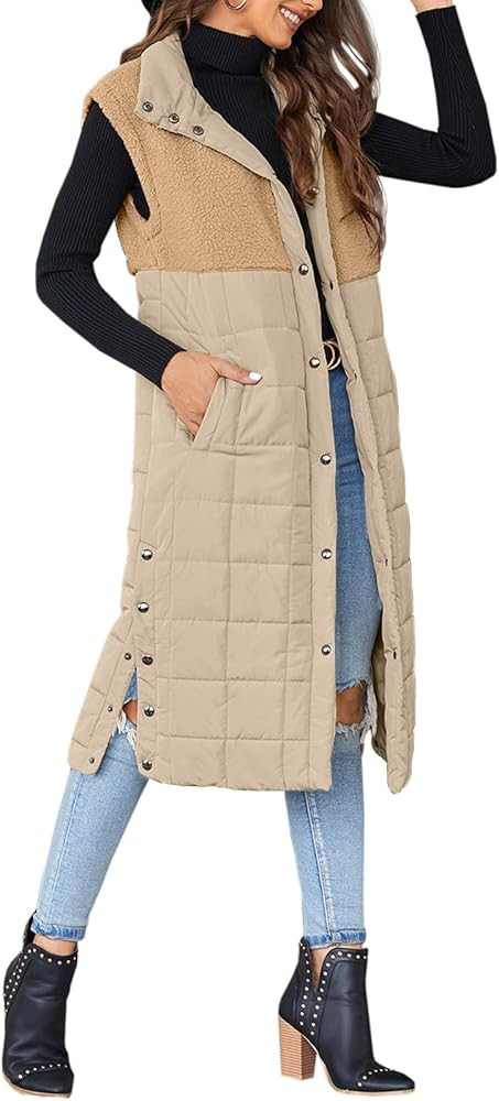 UMEKO Women's Long Puffer Vest Fleece Jacket Winter Button Down Sleeveless Coats | Amazon (US)