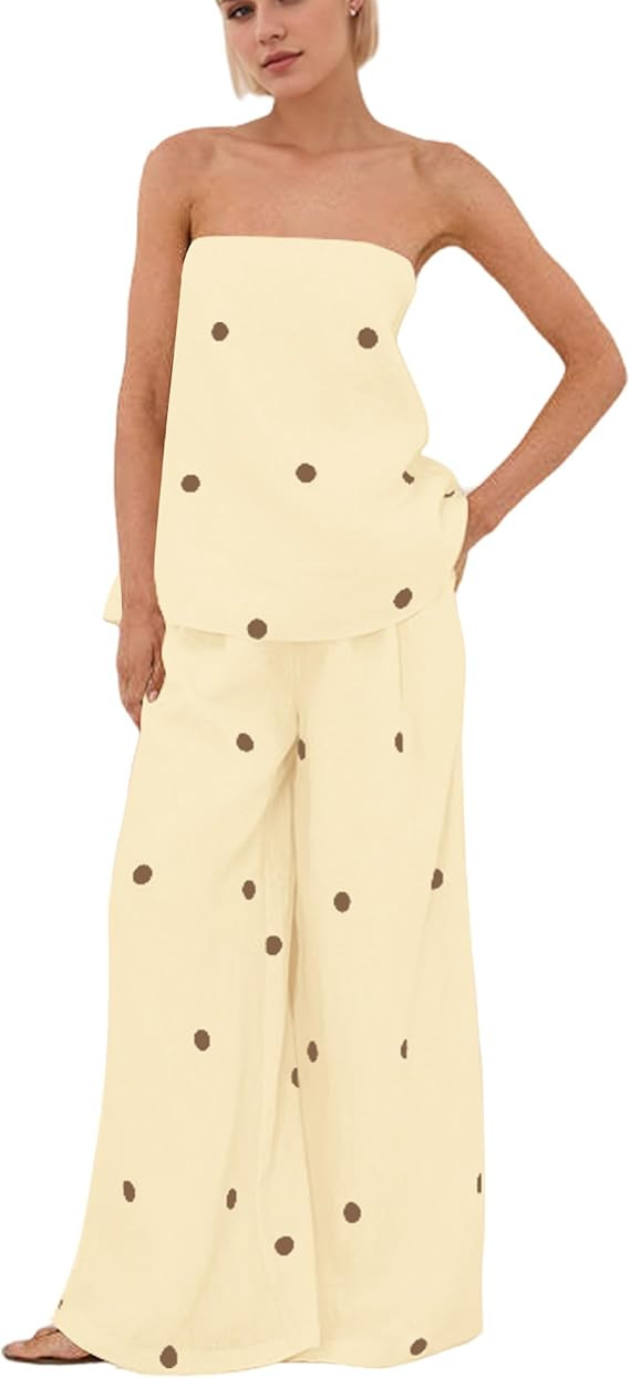 Women Polka Dot 2 Piece Outfits Spot Strapless Tube Top High Waist Wide Leg Pants Casual Lounge S... | Amazon (US)