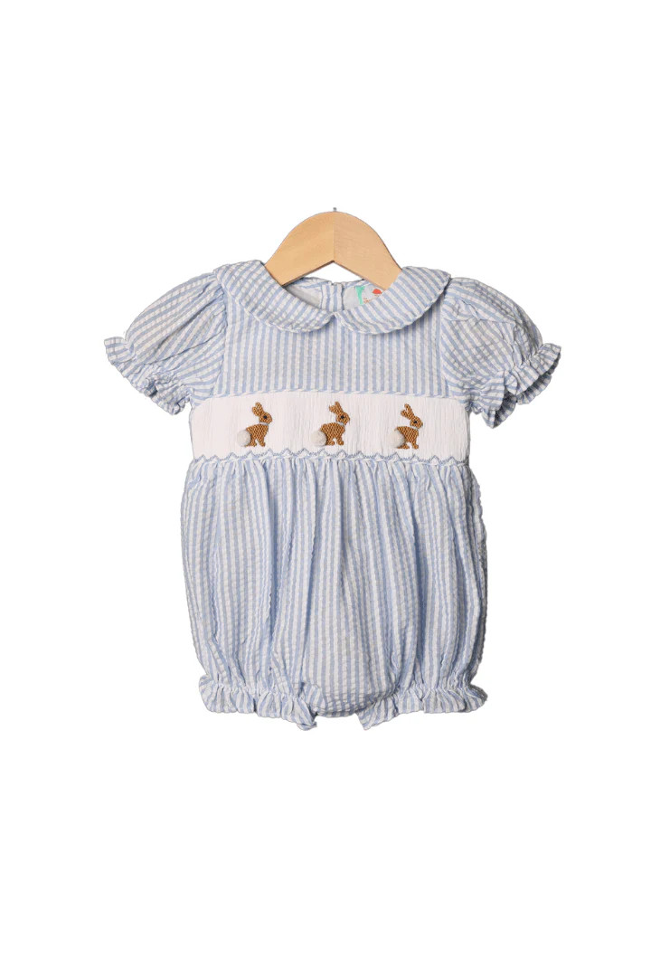 Smocked Seersucker Blue Bunny GIRL Bubble | The Smocked Flamingo
