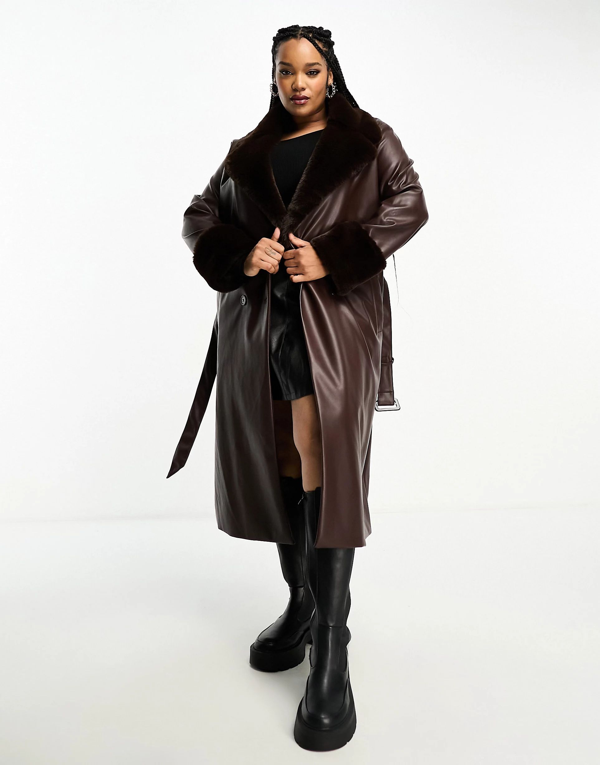 Yours faux fur trim PU belted coat in brown | ASOS (Global)