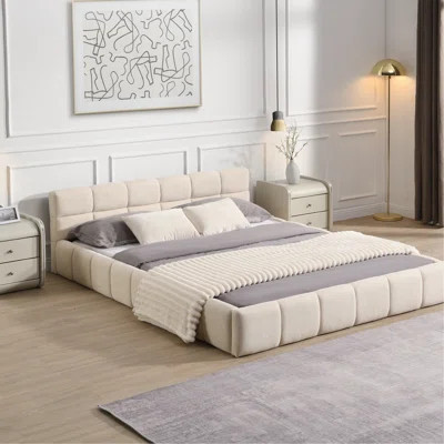 Soft Beige Chenille Upholstered Bed In Queen Size With Checkerboard Feature For A Peaceful Bedroom Sleep Design Calm Vibe | Wayfair North America