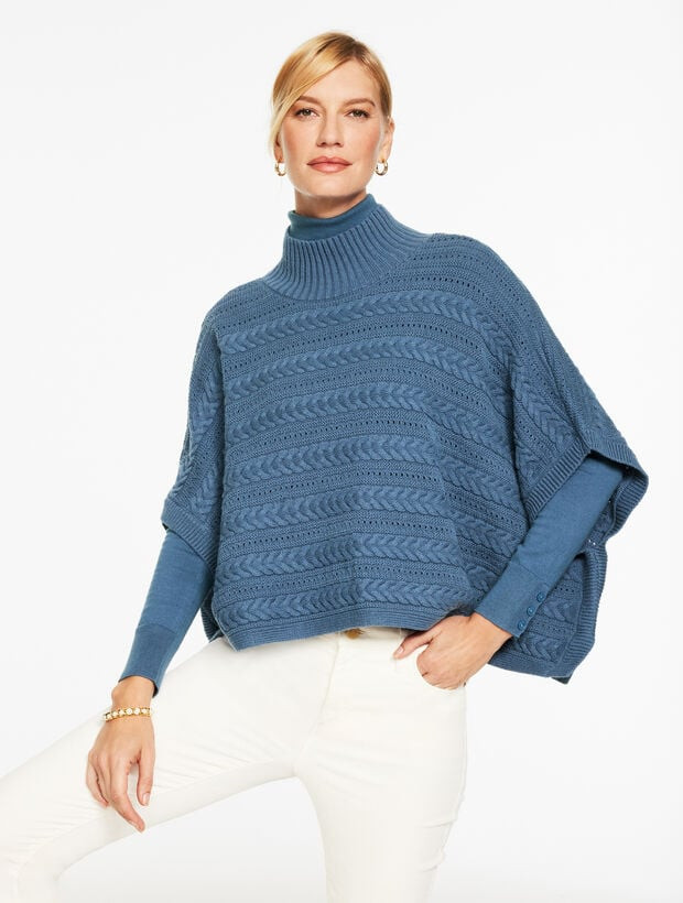 Plus Exclusive Cable Knit Poncho - Moonlight Blue | Talbots