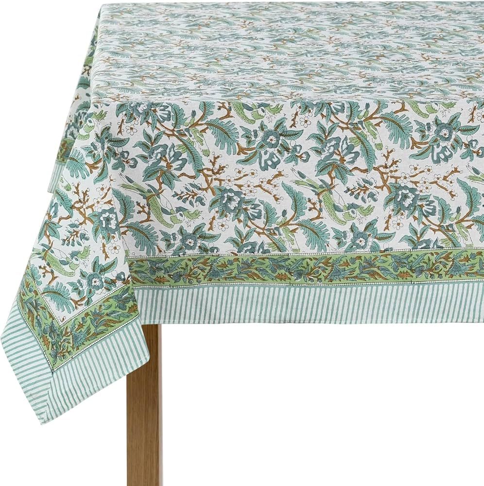 Ridhi -Sage and Russian Green Cotton Tablecloth, Handblock Print Floral Table Cloth for Kitchen D... | Amazon (US)