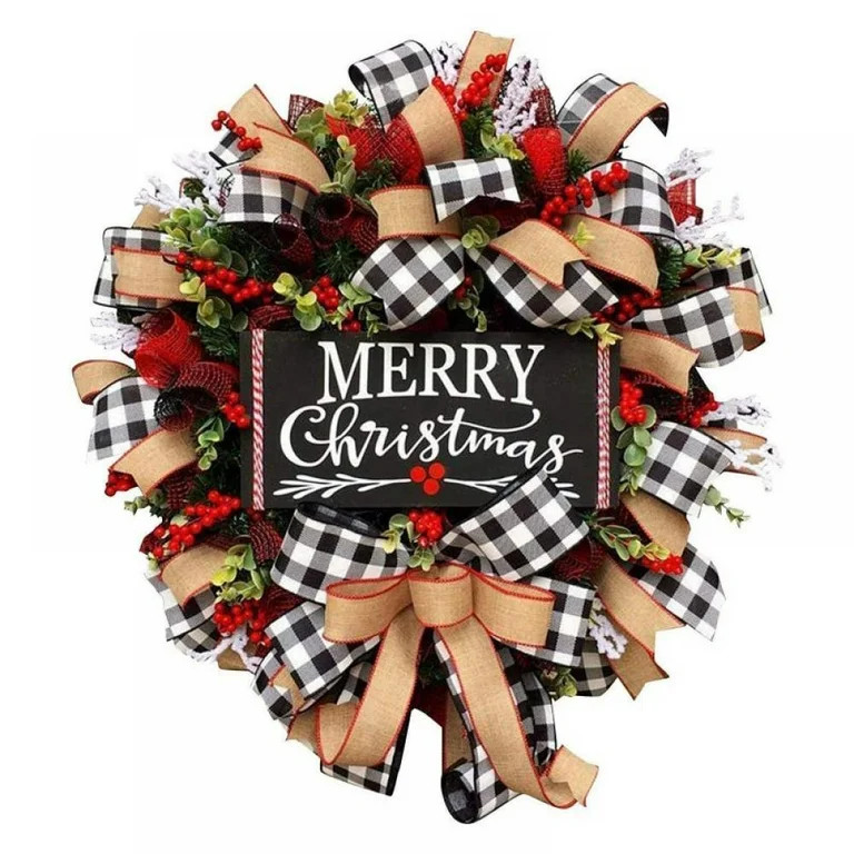 Xmarks Merry Christmas Decorations Wreath, Rustic Rattan Black and Red Buffalo Plaid Bow Truck Fl... | Walmart (US)