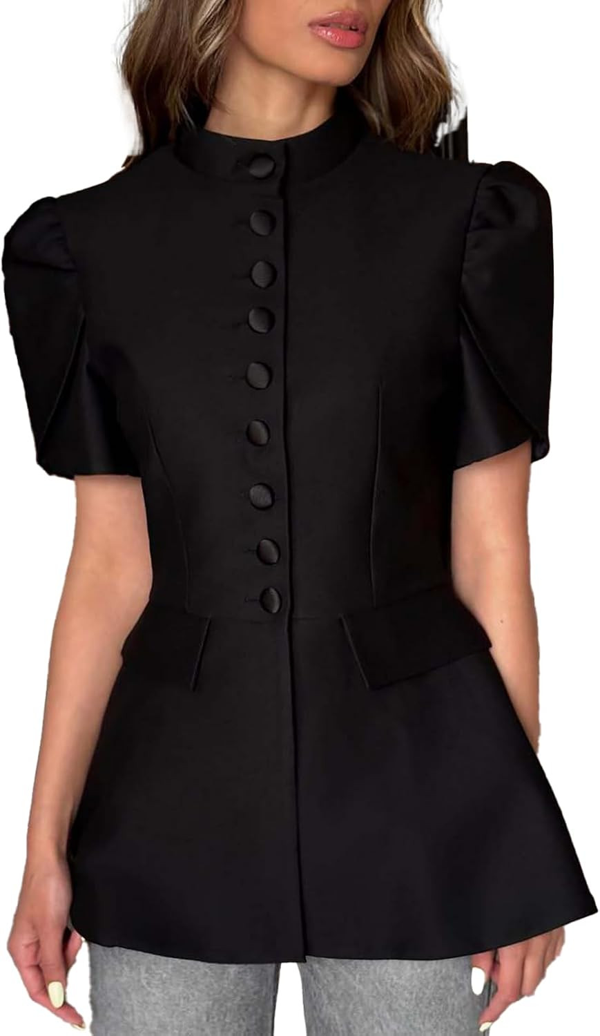 Going Out Tops for Women Waist Cinched Button Elegant OL Style Shirt Short Sleeve Date Night Dressy Tops for Women | Amazon (US)