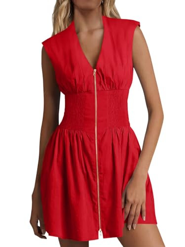 Fisoew Women's Sleeveless Casual Zip Dress Front V Neck Utility Summer Tank Mini Dresses with Poc... | Amazon (US)