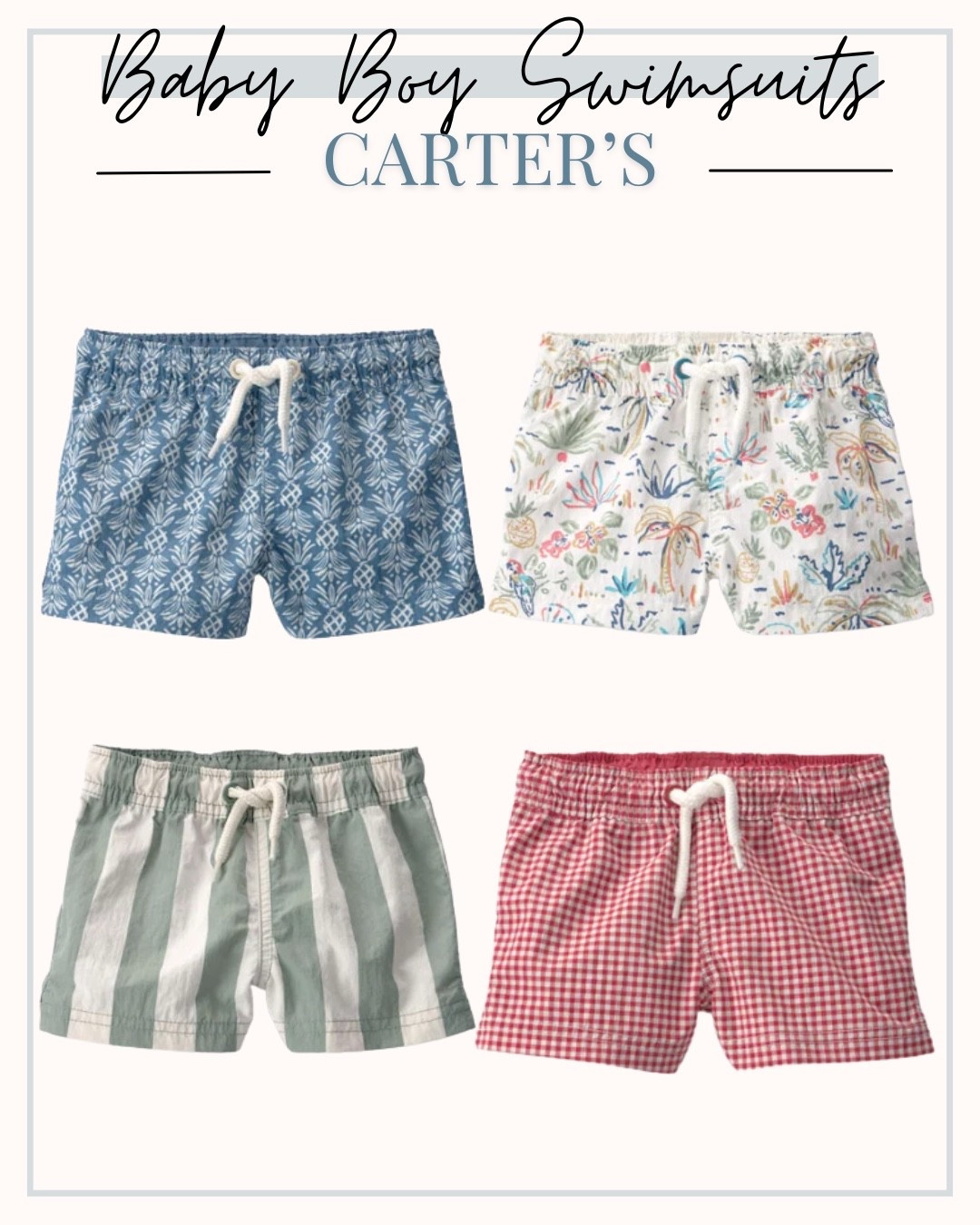 Check out these baby boy swimsuits 

Baby boy, swimsuit, carters

#LTKsummer #LTKbaby #LTKfamily