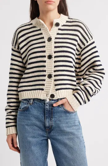 FRAME The Stripe Chunky Cotton Cardigan in Cream Multi at Nordstrom Rack, Size Large | Nordstrom Rack