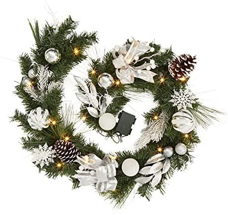 Adeeing Christmas Garland with Lights, 6 ft Pre-lit Silver White Christmas Garland with Ball Orna... | Amazon (US)