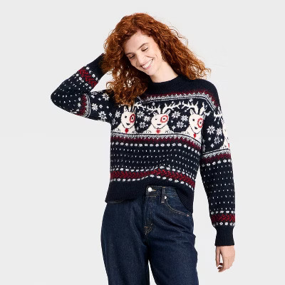Women's Long Sleeve Cozy Alpine Bullseye Dog Crewneck Pullover Sweater - Universal Thread™ Navy Blue XS | Target