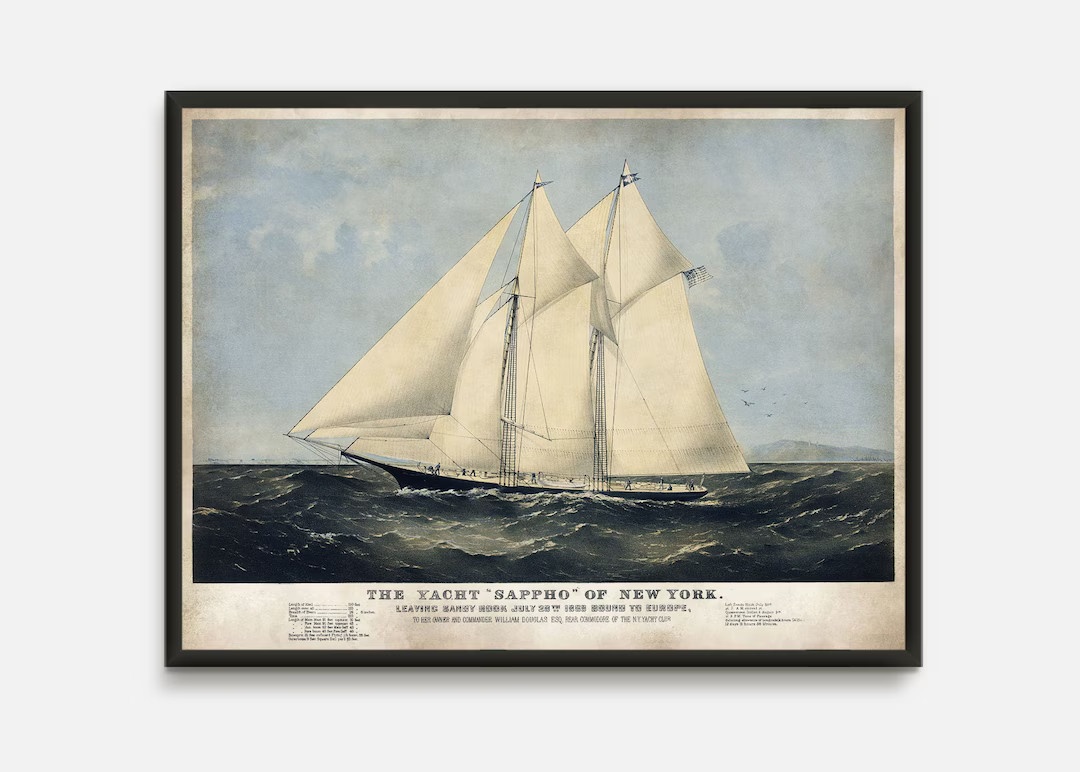 Sailing Ship Antique Nautical Illustration Print, Vintage Nautical Decor, Sail Boat Beach House D... | Etsy (US)