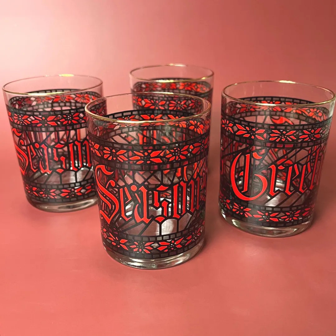 Set of 4 Houze Seasons Greetings Gold Rimmed Stained Glass Style Lowball Drinking Glasses - Etsy | Etsy (US)