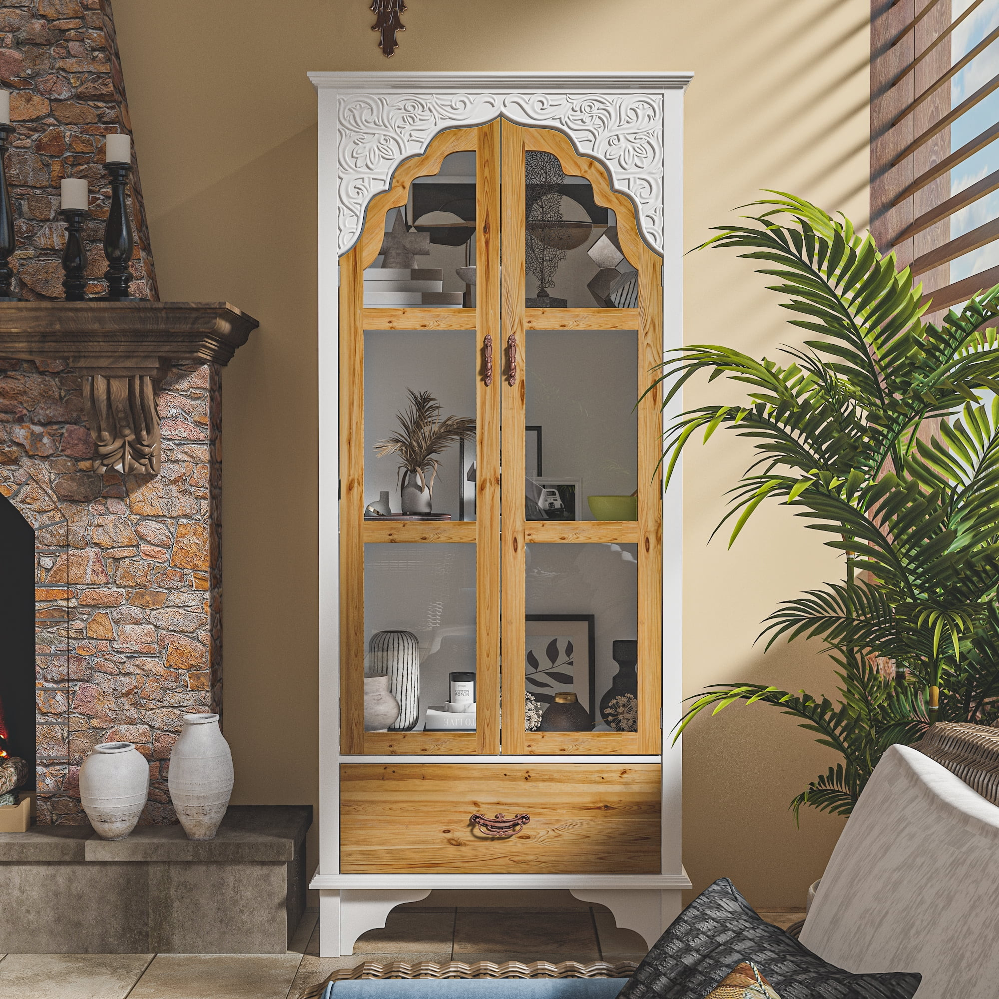Timechee Display Cabinet with Arched Glass Door, Bookcase Storage Pantry with 3 -Tier Shelves and... | Walmart (US)