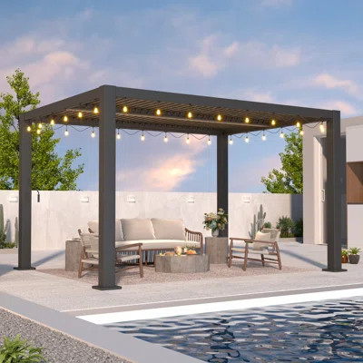 10'×13' Outdoor Louvered Pergola With Clear String Lights, Aluminum Outdoor Louvered Pergola Patio With Adjustable Roof For Outdoor Deck, Backyard, Ga | Wayfair North America