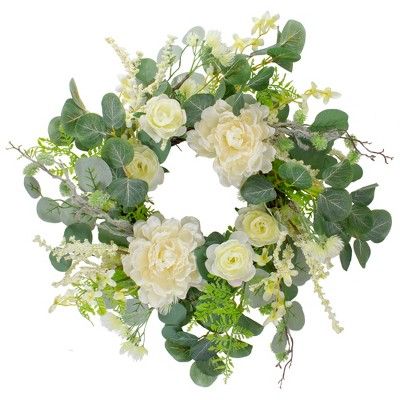 Northlight Peony, Berry and Mixed Foliage Artificial Spring Floral Wreath, Cream and Green - 20-I... | Target
