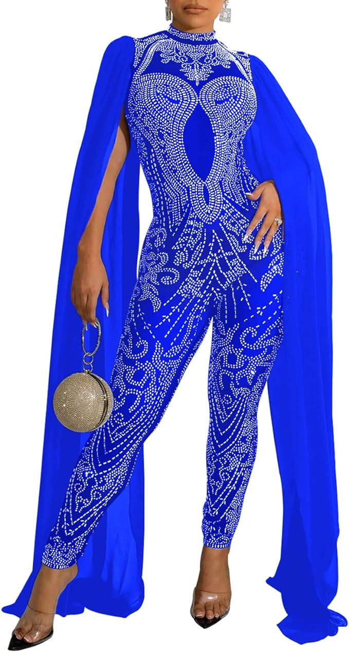 PORRCEY Women Sexy Elegant Hot Drilling Process Jumpsuit Bodycon Party Club Night Outfit Mesh See... | Amazon (US)