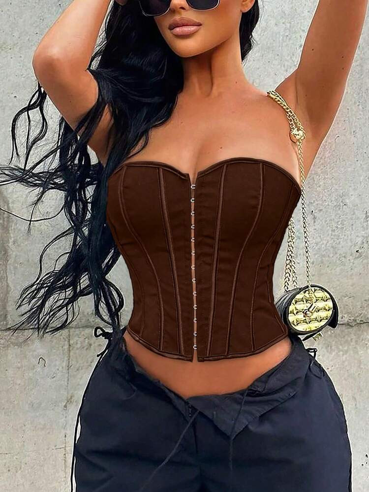 Vintage Overbust Boned Corset Bustier Hook And Eye Front Lace Up Back Backless Bodyshaper Crop Tu... | SHEIN