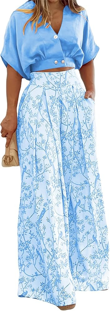 Summer 2 Piece Sets for Women Fashion Casual Short Sleeve V Neck Tops Matching Print Wide Leg Pan... | Amazon (US)