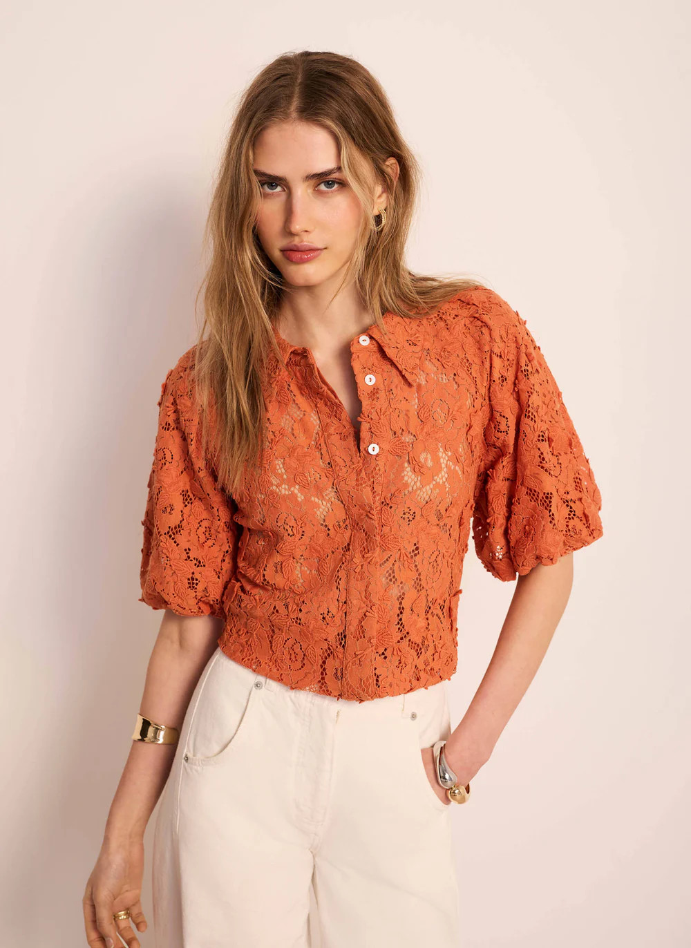 Orange Lace Puff Sleeve Shirt | Mint Velvet