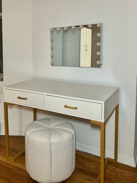 Vanity, vanity desk, vanity mirror,  ottoman, boucle chair, home decor, apartment decor, decor for home, new apartment, apartment furniture 

#LTKSale #LTKhome #LTKFind