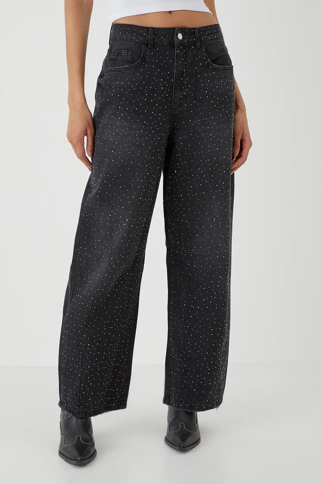 Hot Fix Embellished Denim Barrel Leg Jeans | Boohoo.com (UK & IE)