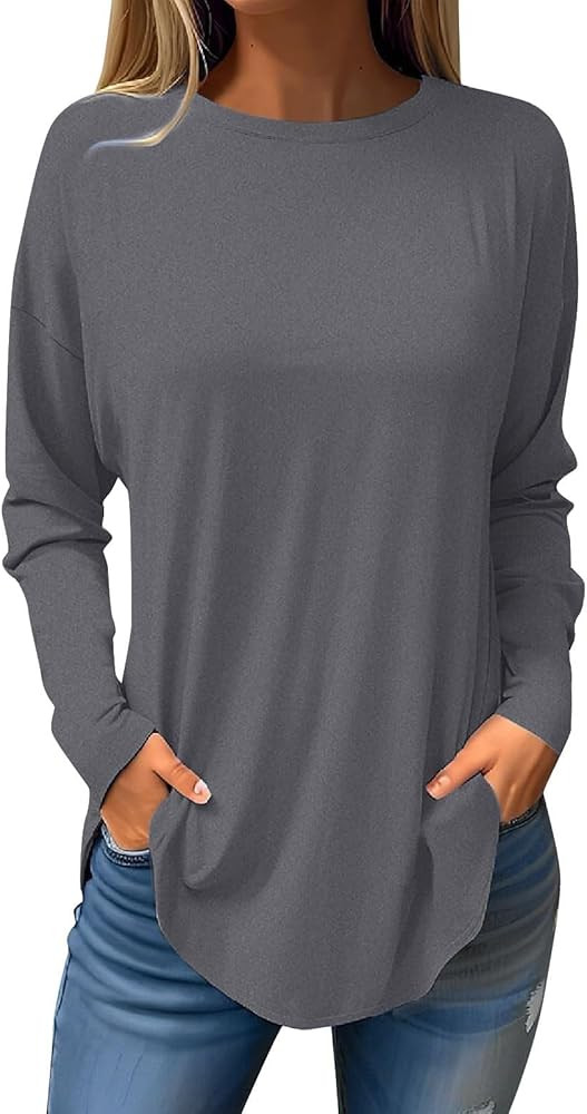Womens Tops Fall 2024 Long Sleeve Crew Neck Tunic Solid Color Loose Fit Tee Shirts Lightweight Ca... | Amazon (US)