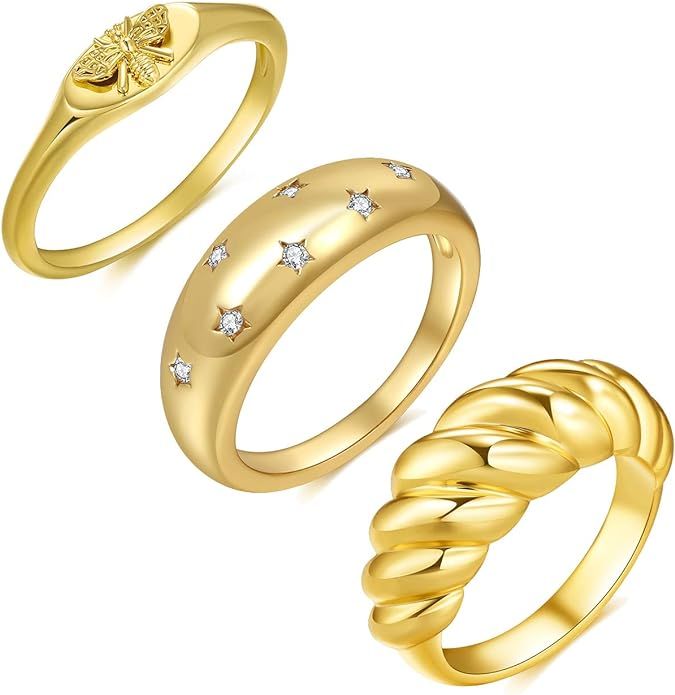 Sclorey 3Pcs Bee Handmade Inlayed Star Shiny Bands Dome Rings 18K Gold Plated Rings for Women Gi... | Amazon (US)
