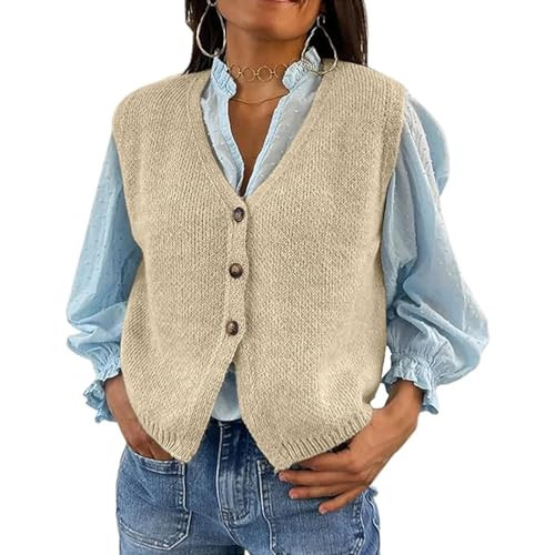 Knit Sweater Vest for Women V Neck Button Down Sleeveless Crop Knit Cardigan Open Front Sweater Vest Going Out Top (Khaki, M) | Amazon (US)