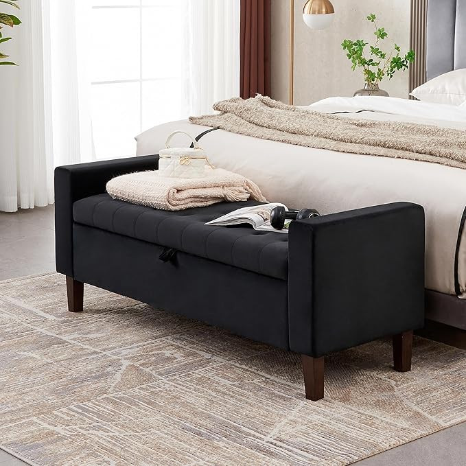 Upholstered Storage Ottoman, 55” Button-Tufted Entryway Bench with Solid Wood Legs, Velvet Stor... | Amazon (US)