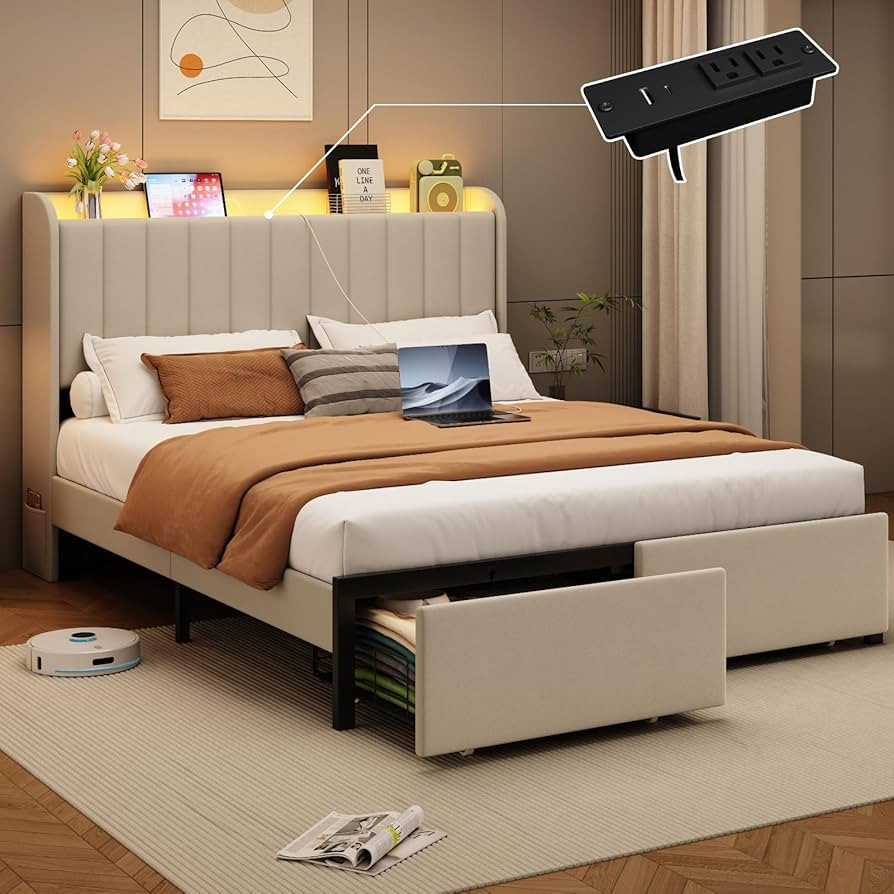 Queen Size Bed Frames with Storage Headboard and 2 Drawers, Upholstered Platform Bed Frame Queen ... | Amazon (US)