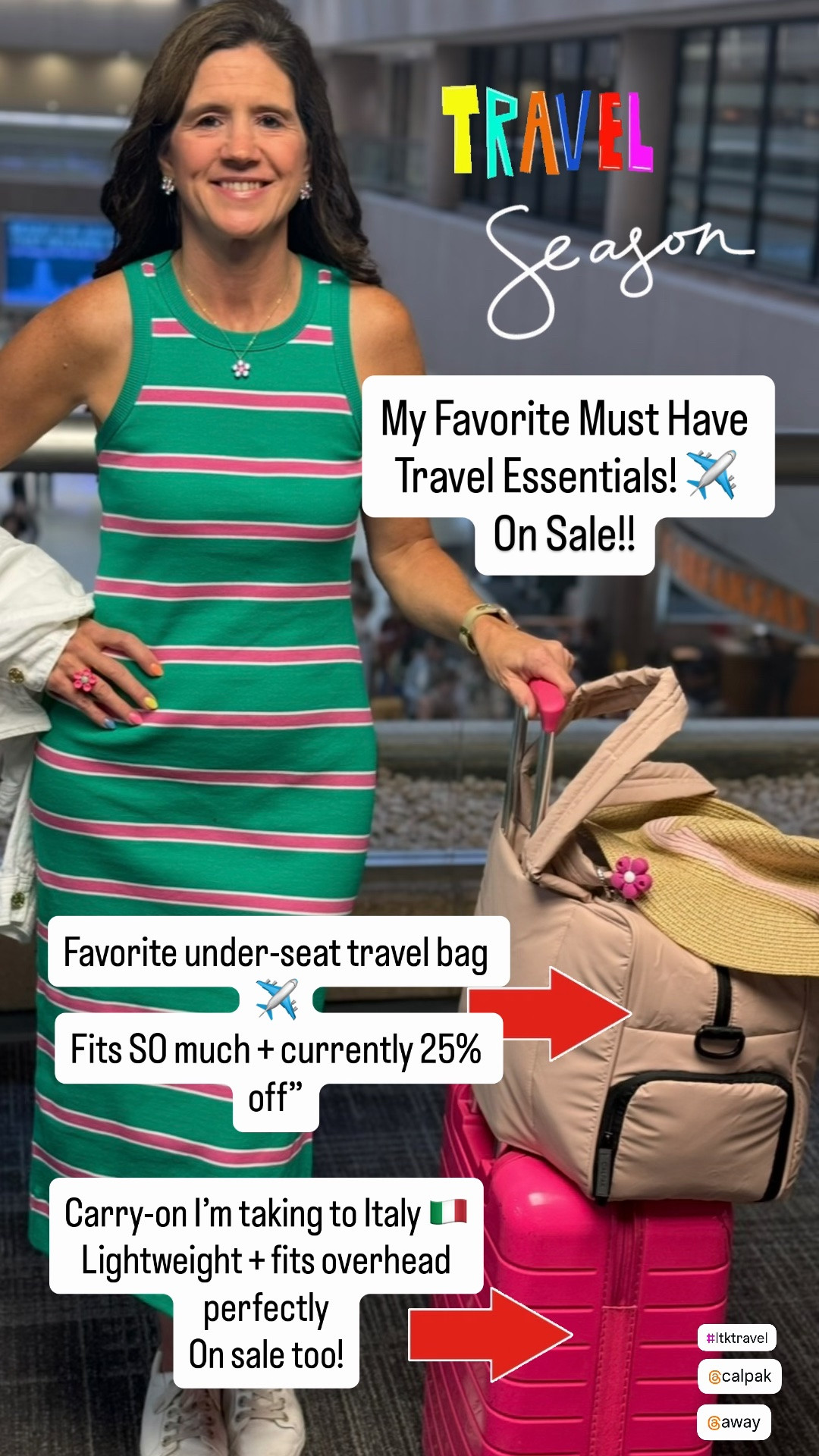 Travel Essentials 

Travel season is here and my favorite travel essentials are currently on sale ✈️💗

This under-seat carry-on bag is truly my MVP for flights — it holds SO much and fits perfectly under the airline seat. I’m also obsessed with this hard-shell carry-on suitcase and will definitely be bringing both to Italy soon 🇮🇹

Linked my favorite colors plus all the little travel accessories I always pack!

#travelstyle #travelessentials #carryonbag #airportstyle #summertravel #travelessentials
#carryonluggage
#airportstyle
#travelstyle
#summertravel
#vacationstyle
#traveloutfit

#europevacation
#italytravel
#travelfavorites
#womenwhotravel
#vacationready
#carryonbag
#travelmusthaves

travel essentials
away travel 
Calpak 
carry on luggage
personal item bag
under seat travel bag
airport outfit
Europe travel essentials
Italy travel
summer travel essentials
travel style
vacation must haves
carry on suitcase
travel favorites
women’s travel accessories
travel bag on sale

#LTKTravel #LTKOver40 #LTKTravel #LTKSaleAlert