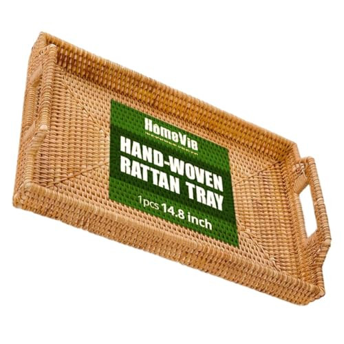 Artisan-Crafted 14.8'' Flat Rattan Tray Rectangle, 1 PCS of Wicker Serving Tray - Elegant Coffee Table Basket, Woven Tray with Handles - Basket Trays for Decor with Natural Wicker Beauty | Amazon (US)