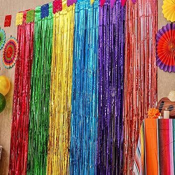 Mega-L Fiesta Cinco de Mayo Party Decorations Foil Fringe Curtains Backdrop, 2 Pack Mexican Theme... | Amazon (US)