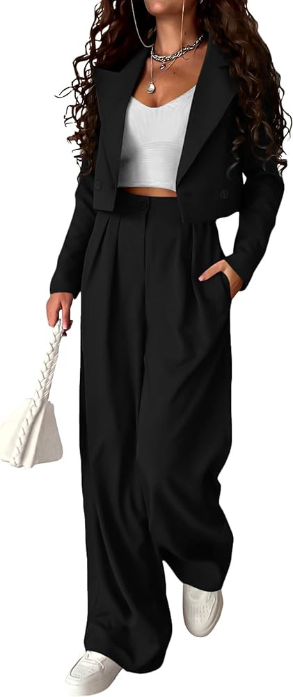 Women's 2 Piece Casual Outfits Cropped Blazer Jackets High Waisted Wide Leg Work Pants Suit Set | Amazon (US)
