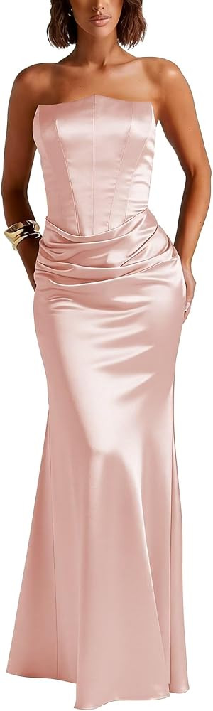 CICDONW Satin Bridesmaid Dresses for Women 2026 Strapless Long Formal Wedding Party Gown | Amazon (US)
