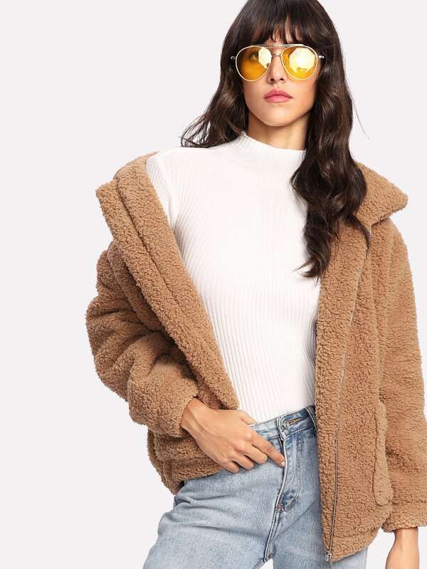 Dual Pocket Faux Fur Teddy Jacket | SHEIN